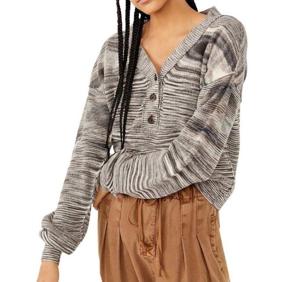 Free People Mercury Gray Heathered Long Sleeve Henley Sweater Medium Oversized - Picture 1 of 10